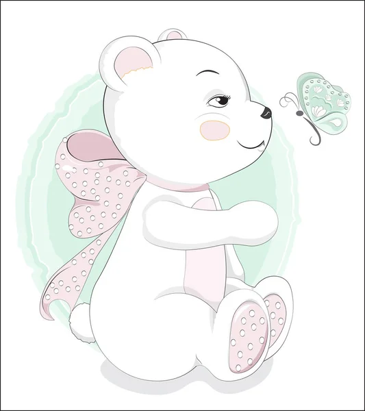 Precioso Oso Oso Peluche Polar Con Una Mariposa Lazo Rosa — Vector de stock