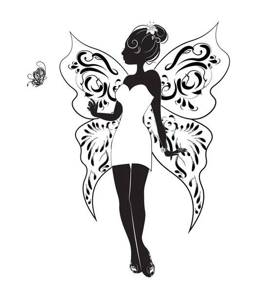美丽的苗条的仙女女孩在白色礼服的剪影 与蝴蝶 — 图库矢量图片