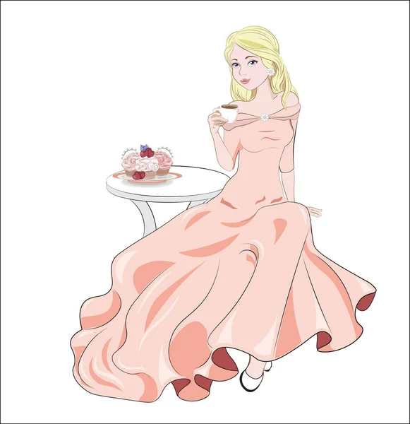 Flicka med en kopp i rosa klänning — Stock vektor