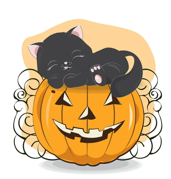 Хэллоуинская спящая чёрная кошка — стоковый вектор