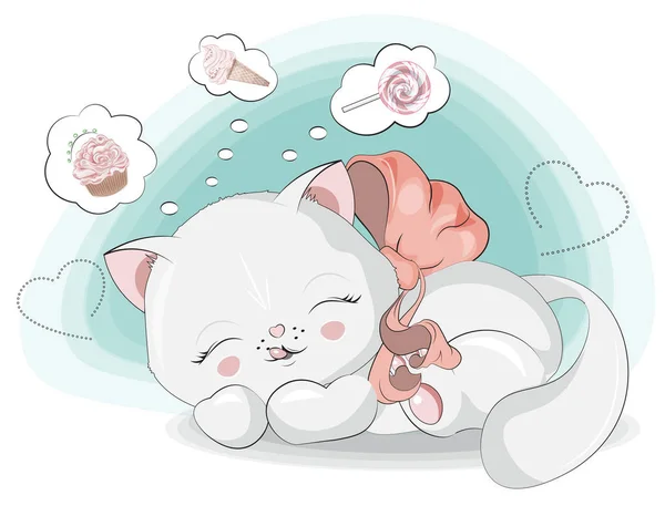 Dulces sueños de un gatito blanco — Vector de stock