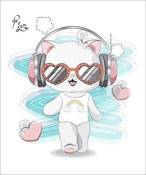Kočičí dívka ve sluchátkách a brýlích — Stockový vektor