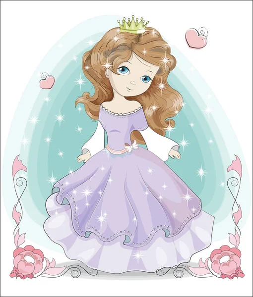 Princesita en vestido púrpura y corona — Vector de stock