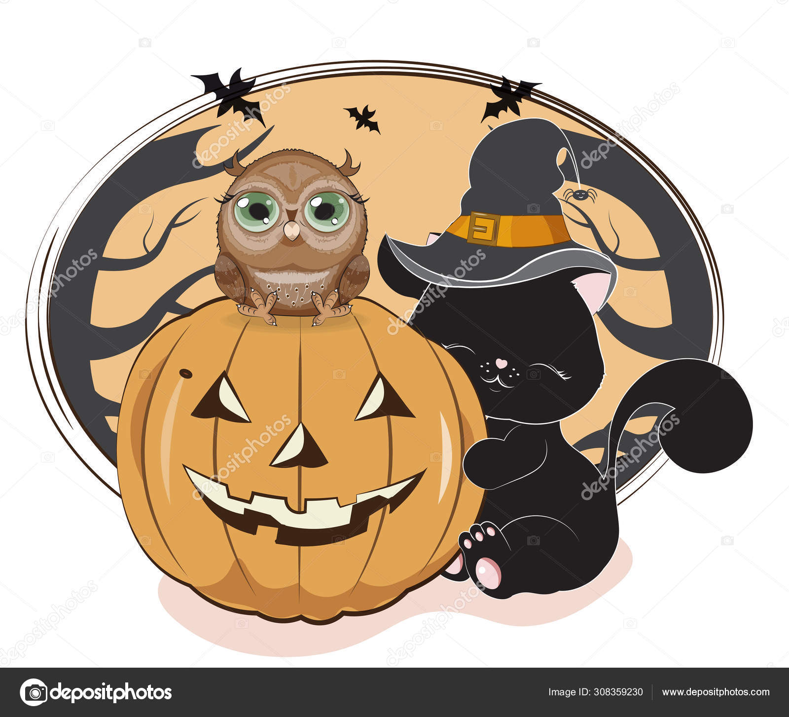 Image vectorielle Halloween Chat noir et citrouille par ©Lollitta -  308359230, image size:1600x1453