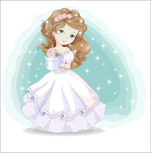 Kleine prinses in witte jurk met cadeau — Stockvector