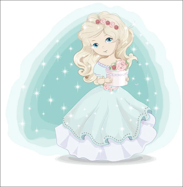 Pequeña princesa rubia en vestido azul con regalo — Vector de stock