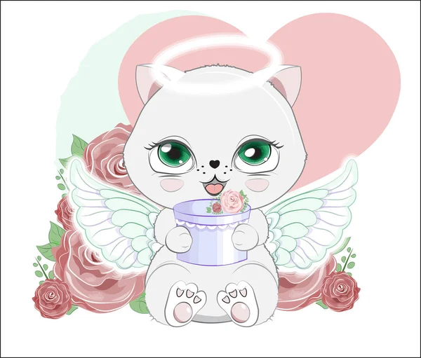 Pequeño gatito ángel esposa regalo en rosa — Vector de stock