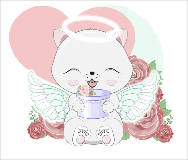 Kis cica angyal wifh ajándék Rózsa — Stock Vector