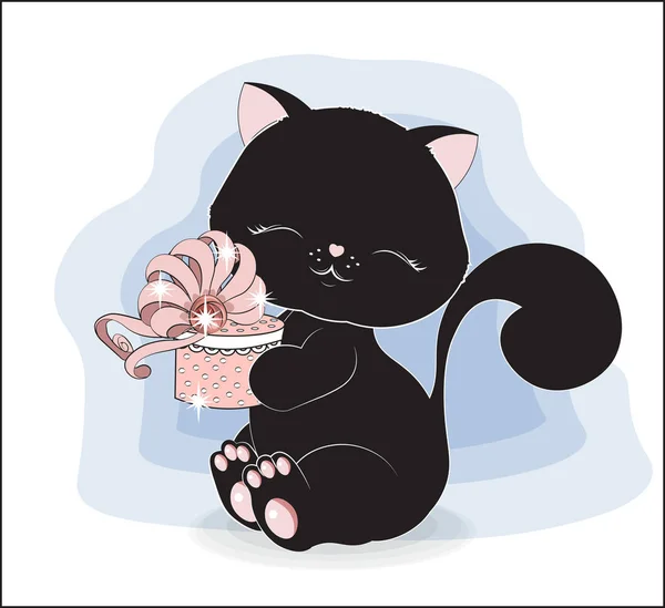 Gato negro con regalo — Vector de stock