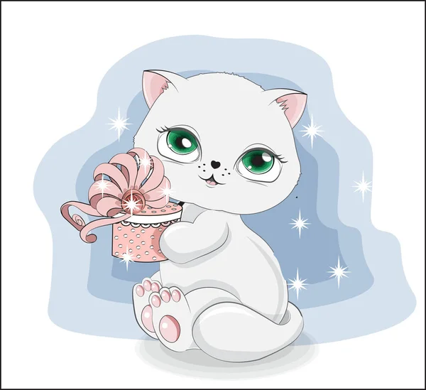 Милая Белая Кошка Котенок Подарочной Коробкой Украшенный Бантом Картинка Стиле — стоковый вектор