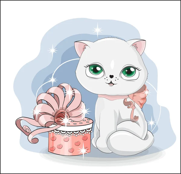 Милая Белая Кошка Котенок Подарочной Коробкой Украшенный Бантом Картинка Стиле — стоковый вектор