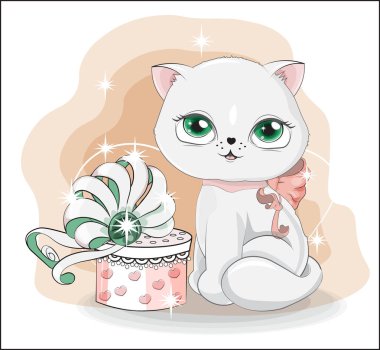 Güzel beyaz kedi, hediye kutusuyla süslenmiş kedi yavrusu. El çizimi tarzı, tişört baskısı için, moda tasarımı, tebrik kartı, bebek partisi.
