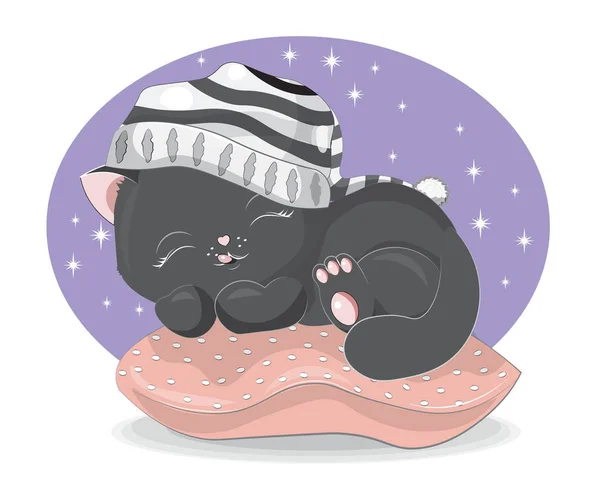 Сплячий чорний кіт в подушці в шапці — стоковий вектор
