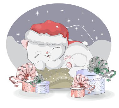 Noel 'de uyuyan beyaz kedi yastıkta