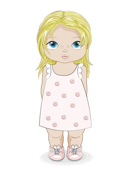 Hello Summer Baby Blonde Girl Summer Dress Picture Hand Drawing — Stockvector