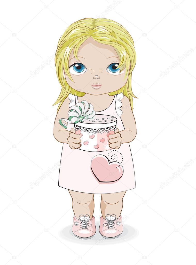 Hello summer baby blonde girl in summer dress with gift. Picture in hand drawing cartoon style, for Happy birthday greeting card, postcard. baby shower. party invitation.																	
