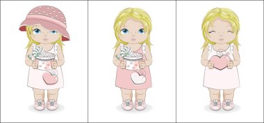 Hello summer baby blonde girl in summer dress with gift. Picture in hand drawing cartoon style, for Happy birthday greeting card, postcard. baby shower. party invitation.																	