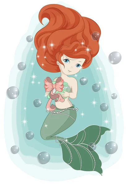 Bella Affascinante Principessina Sirena Con Bolle Immagine Mano Disegno Stile — Vettoriale Stock