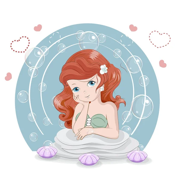 Beautiful Charming Little Mermaid Princess Picture Hand Drawing Cartoon Style — Stock Vector