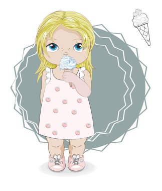 Hello summer baby blonde girl in summer dress with ice cream. Picture in hand drawing cartoon style, for greeting card, postcard. baby shower. party invitation.																	