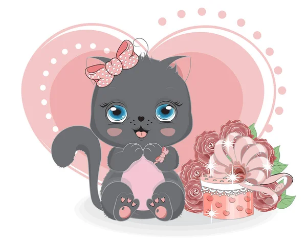 Valentýnské Srdce Pro Tebe Černá Kočka Dárky Růžích Obraz Ručním — Stockový vektor
