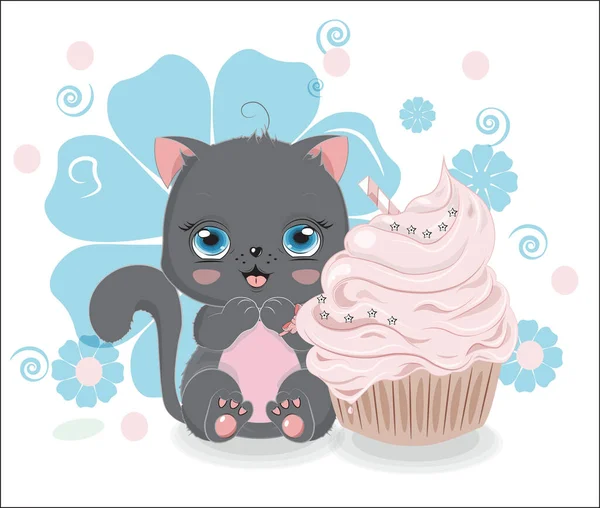 Μαύρη Γάτα Γατάκι Cupcake Φόντο Λουλουδιών Εικόνα Στο Χέρι Σχέδιο — Διανυσματικό Αρχείο