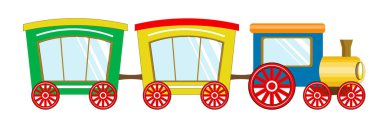 Güzel bir bebek treni, buharlı lokomotif, piposu ve renkli arabaları var. Karikatür tarzı resim, tişört desenli kıyafet tasarımı, tebrik kartı, kartpostal. Bebek partisi. parti daveti.