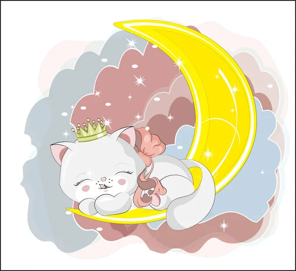 Prenses, beyaz, tatlı kedi, kedi yavrusu, uyu ve gülümse. Karikatür tarzı resim, tişört desenli kıyafet tasarımı, tebrik kartı, kartpostal. Bebek partisi. parti daveti.