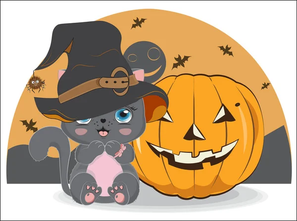 Черный Хэллоуин Девочка Кошка Шляпе Ведьмы Паук Рядом Тыква Изображение — стоковый вектор