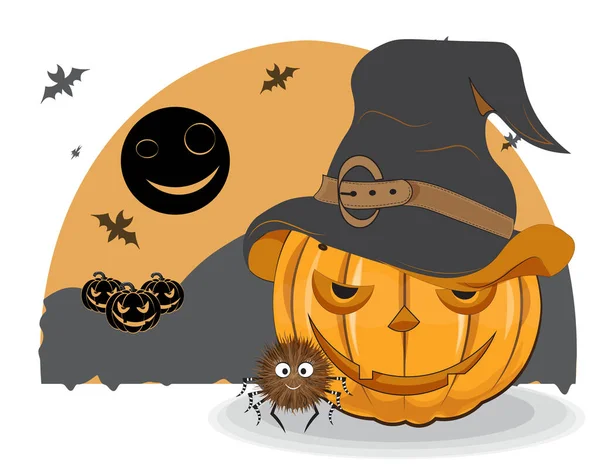 Хэллоуинская Тыква Колпаке Ведьмы Паук Фоне Ночных Летучих Мышей Монн — стоковый вектор