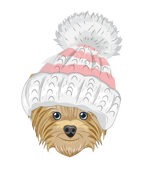 Lovely Vector Puppy Dog Winter Hat Picture Hand Drawing Cartoon — Stock Vector