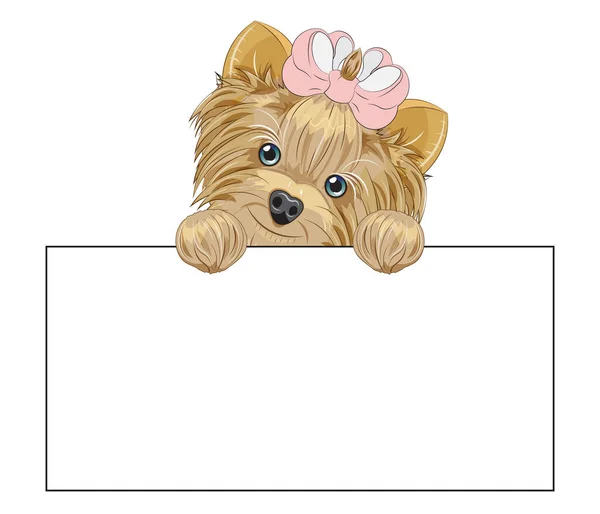 Güzel bir köpek yavrusu, fiyonklu bir köpek. Karikatür tarzı resim, tişört desenli kıyafet tasarımı, tebrik kartı, kartpostal. parti daveti.