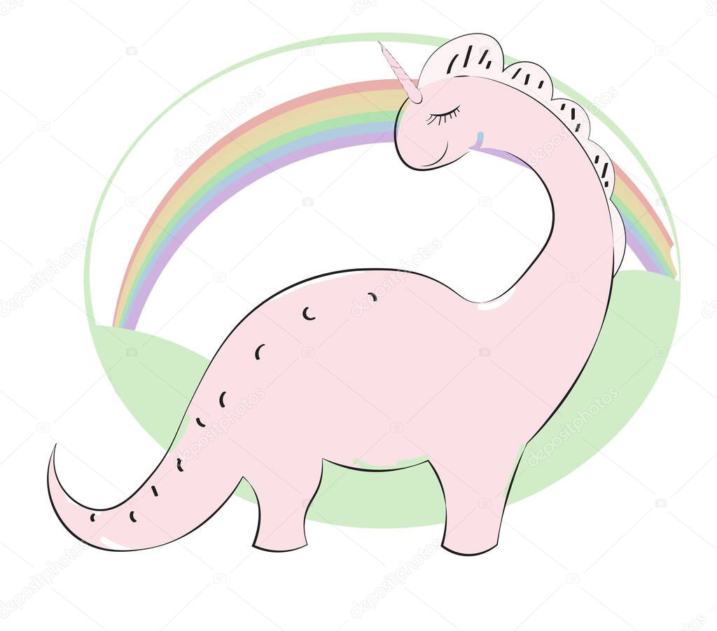 cute pink cartoon dinosaur unicorn Diplodocus and rainbow, Picture in hand drawing cartoon style, for t-shirt wear fashion print design, greeting card, postcard. baby shower. party invitation.