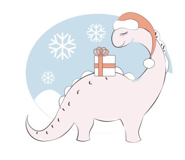 Noel Baba şapkası ve hediyesiyle pembe dinozor Diplodocus.