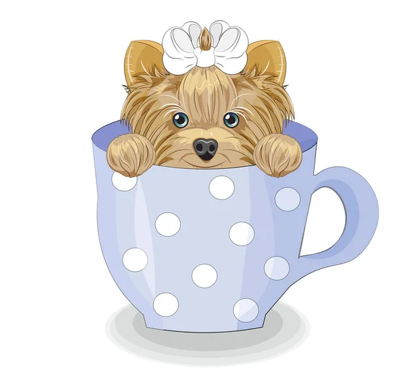 Lovely Vector Puppy Dog Bow Cup Picture Hand Drawing Cartoon — Stock Vector