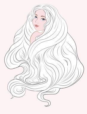 Uzun saçlı güzel vektör kız, karikatür tarzı resim, tişört desenli tasarım, tebrik kartı, kartpostal. Kuaför salonu. parti daveti