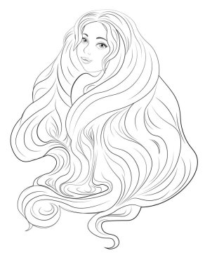 Uzun saçlı güzel vektör kız, karikatür tarzı resim, tişört desenli tasarım, tebrik kartı, kartpostal. Kuaför salonu. parti daveti