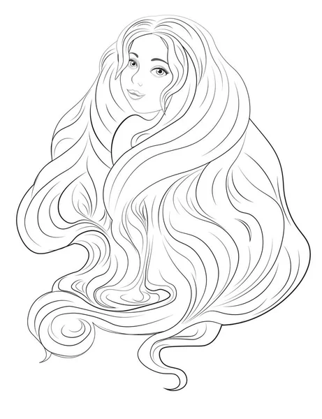 Uzun saçlı güzel vektör kız, karikatür tarzı resim, tişört desenli tasarım, tebrik kartı, kartpostal. Kuaför salonu. parti daveti