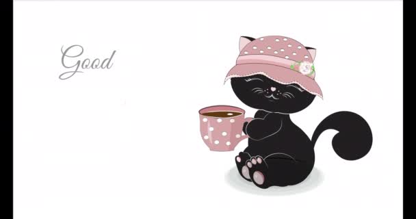 schwarzes Kätzchen mit Tasse Kaffee wünscht guten Morgen