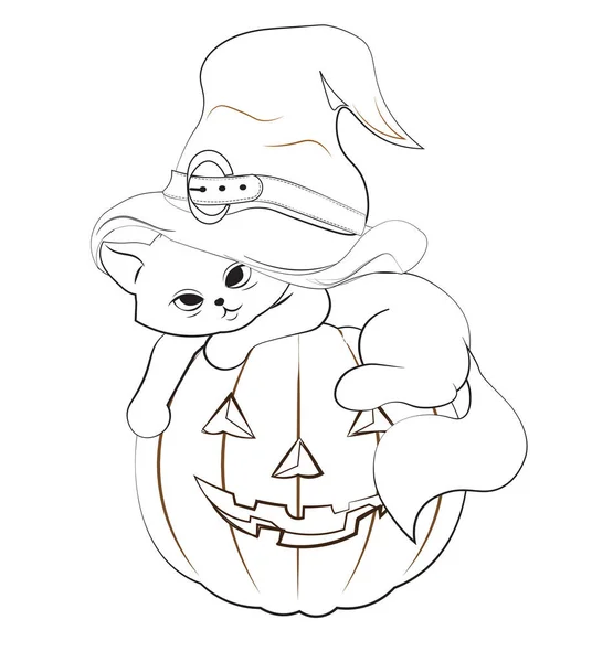 Libro Para Colorear Gato Halloween Sombrero Bruja Gatito Calabaza Imagen Ilustración De Stock