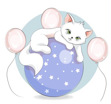 Sevimli beyaz kedi, top üzerinde kedi yavrusu. Karikatür tarzı resim, tişört desenli kıyafet tasarımı, tebrik kartı, kartpostal. Bebek partisi. parti daveti.