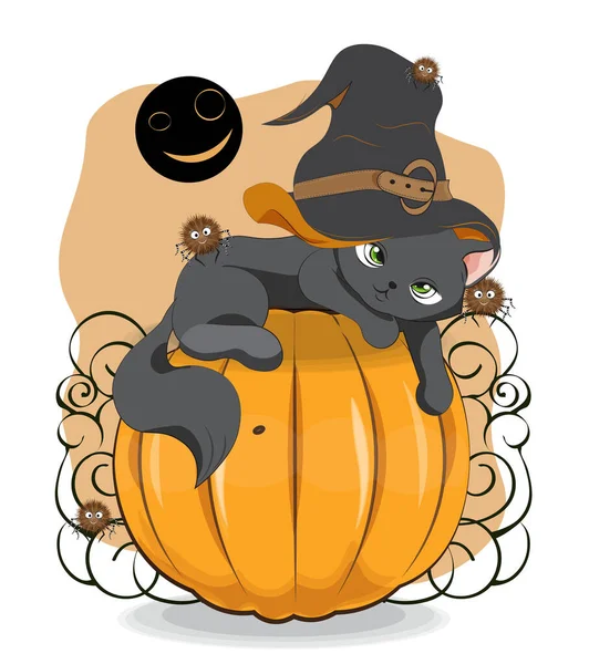 Halloween Guiño Gato Negro Sombrero Bruja Araña Calabaza Imagen Dibujo — Vector de stock