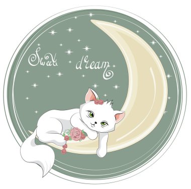 İzole edilmiş uyuyan yavru kedi. Ay 'da, gül çiçekli kedi yavrusu. Karikatür tarzında resim, tişört baskısı, moda tasarımı, tebrik kartı, parti davetiyesi