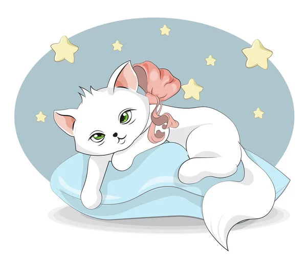 Roztomilá Bílá Kočka Modrém Polštáři Obrázek Ručním Stylu Kreslení Pro — Stockový vektor