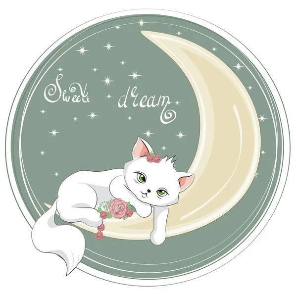Απομονωμένη Κοιμισμένη Γάτα Κοριτσάκι Γατάκι Τριαντάφυλλα Στο Φεγγάρι Εικόνα Στο — Διανυσματικό Αρχείο