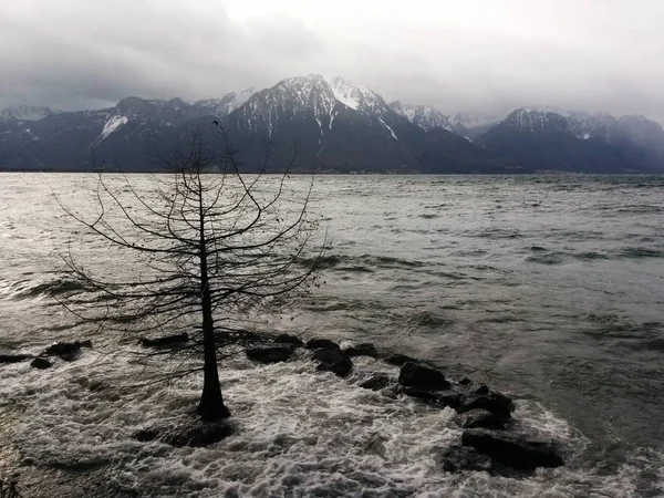 Lago Ginebra Durante Una Tormenta Invierno Suiza Montreux — Foto de Stock