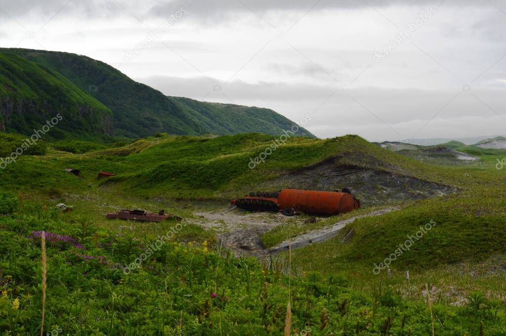 Remains of military equipment, Pacific Coast, Iturup Island, Kuril Islands, Russia