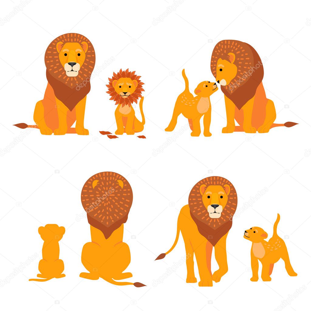 Lion and son family vector illustration. Happy Fathers Day. Cartoon safari postcard