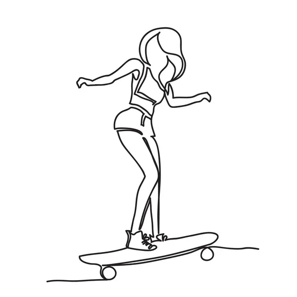 Skate girl continuous line icon. Endless hand drawn doodle vector — Stock Vector