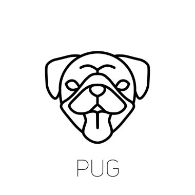 Pug dilini. Köpek doğurmak doğrusal yüz simgesi. İzole vektör hat dog Head'a